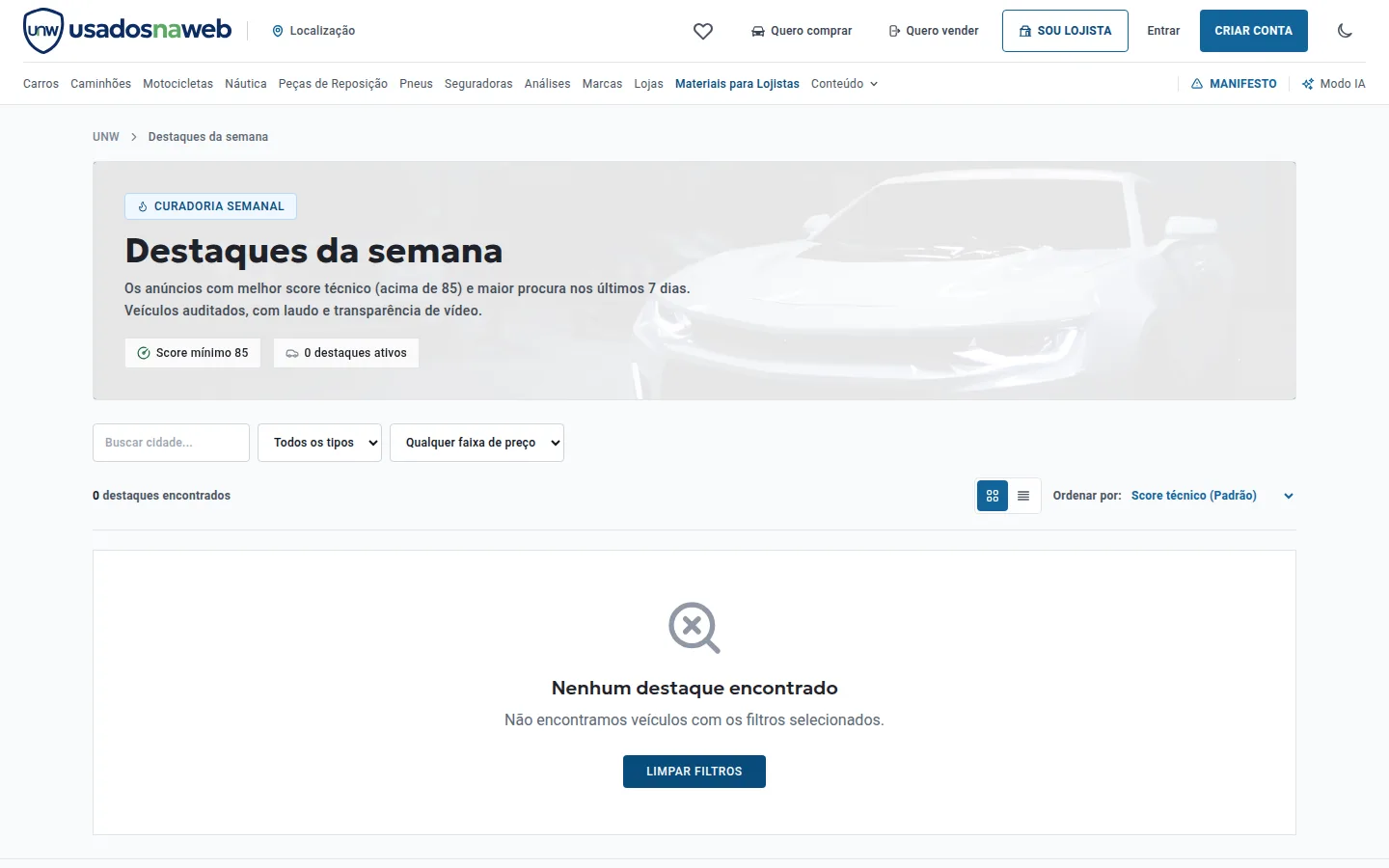 Página de destaques da semana com veículos em evidência
