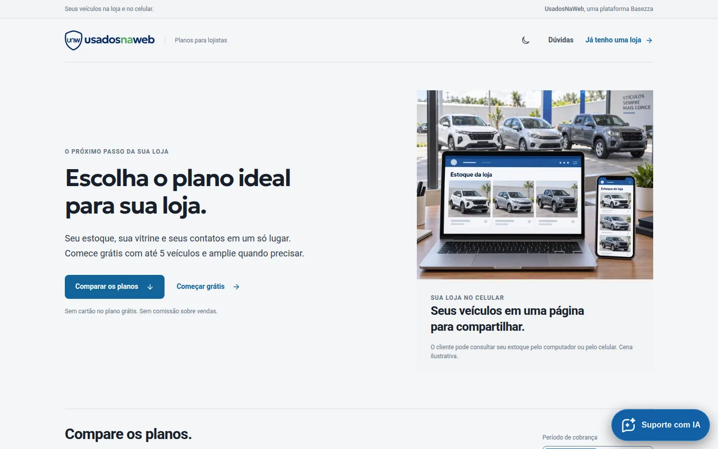 Página de planos para lojistas com as opções lado a lado