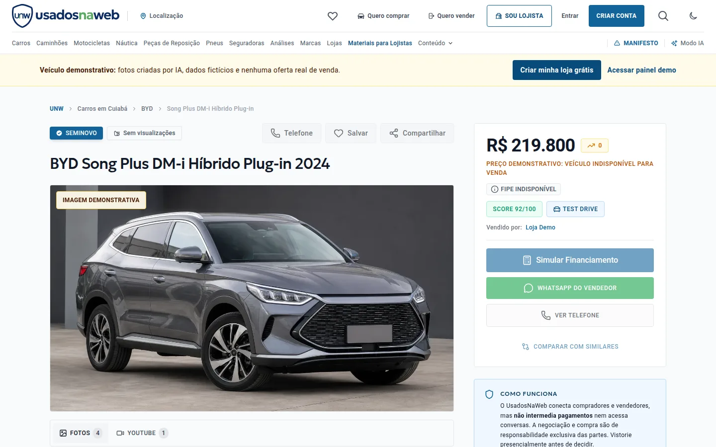 Página de veículo exibindo o selo Score 92 de 100 junto ao preço