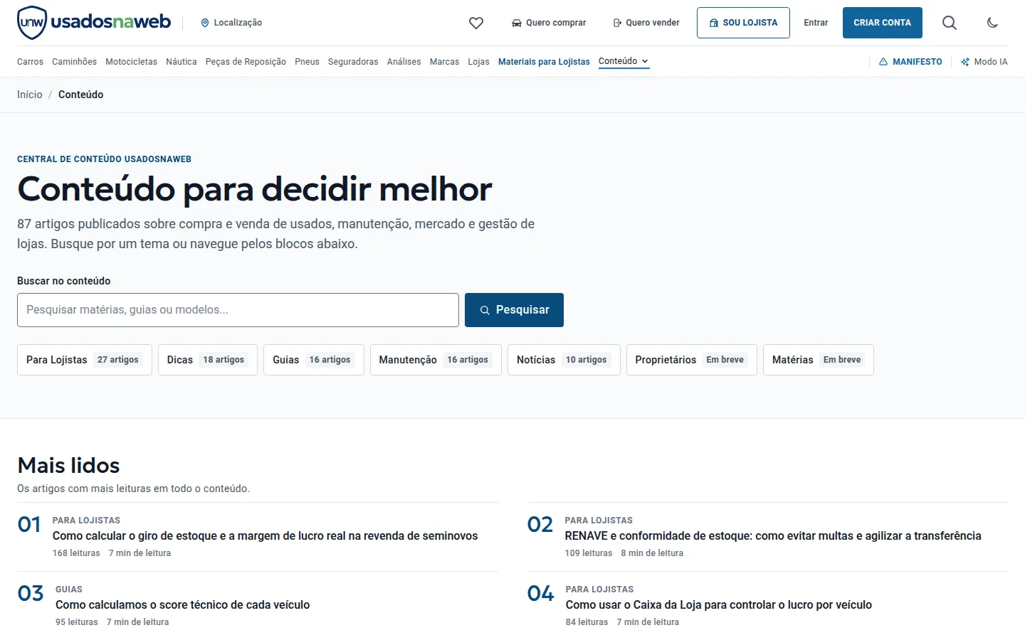 Página inicial do conteúdo com artigos em destaque e categorias