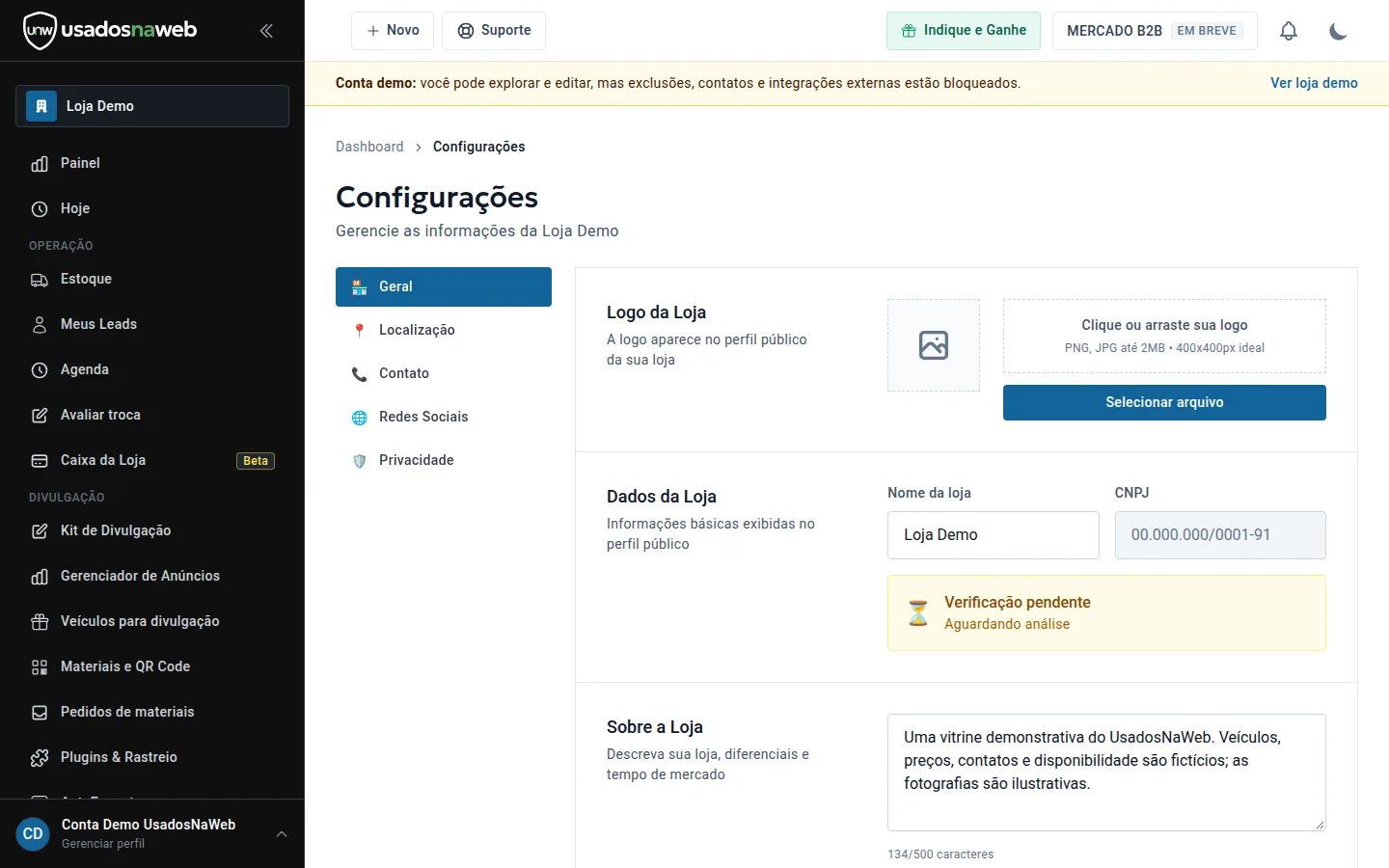 Perfil da loja com informações exibidas publicamente ao comprador