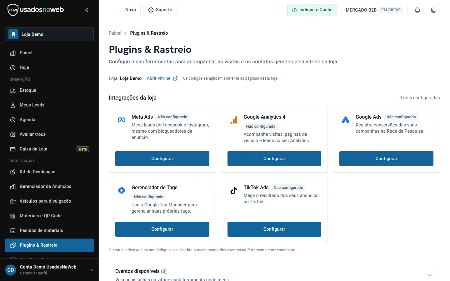 Plugins e rastreio: como conectar Meta Ads, Google Ads e GA4 à vitrine
