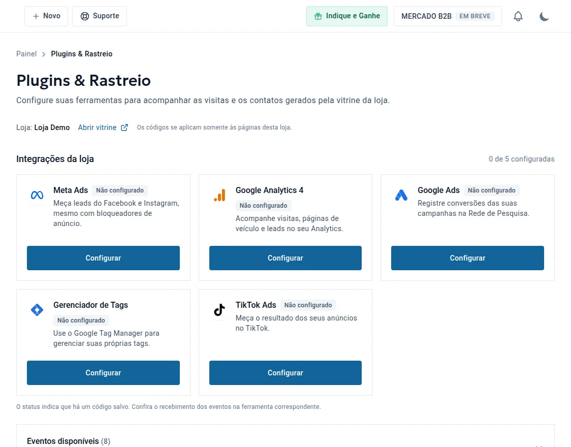 Tela plugins e rastreio com cartões de integração do Meta Ads, Google Analytics 4 e Google Ads