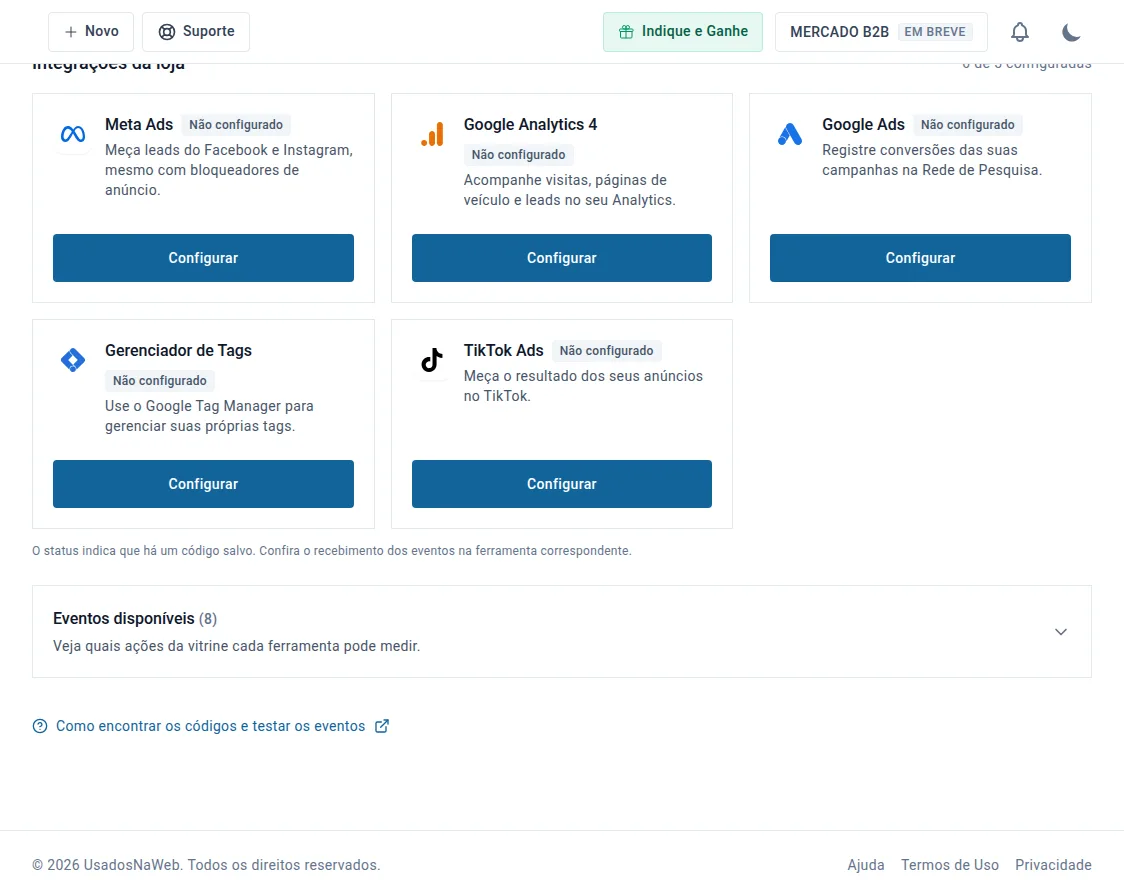 Parte inferior da tela de rastreio com eventos disponíveis e ajuda para encontrar códigos e testar eventos