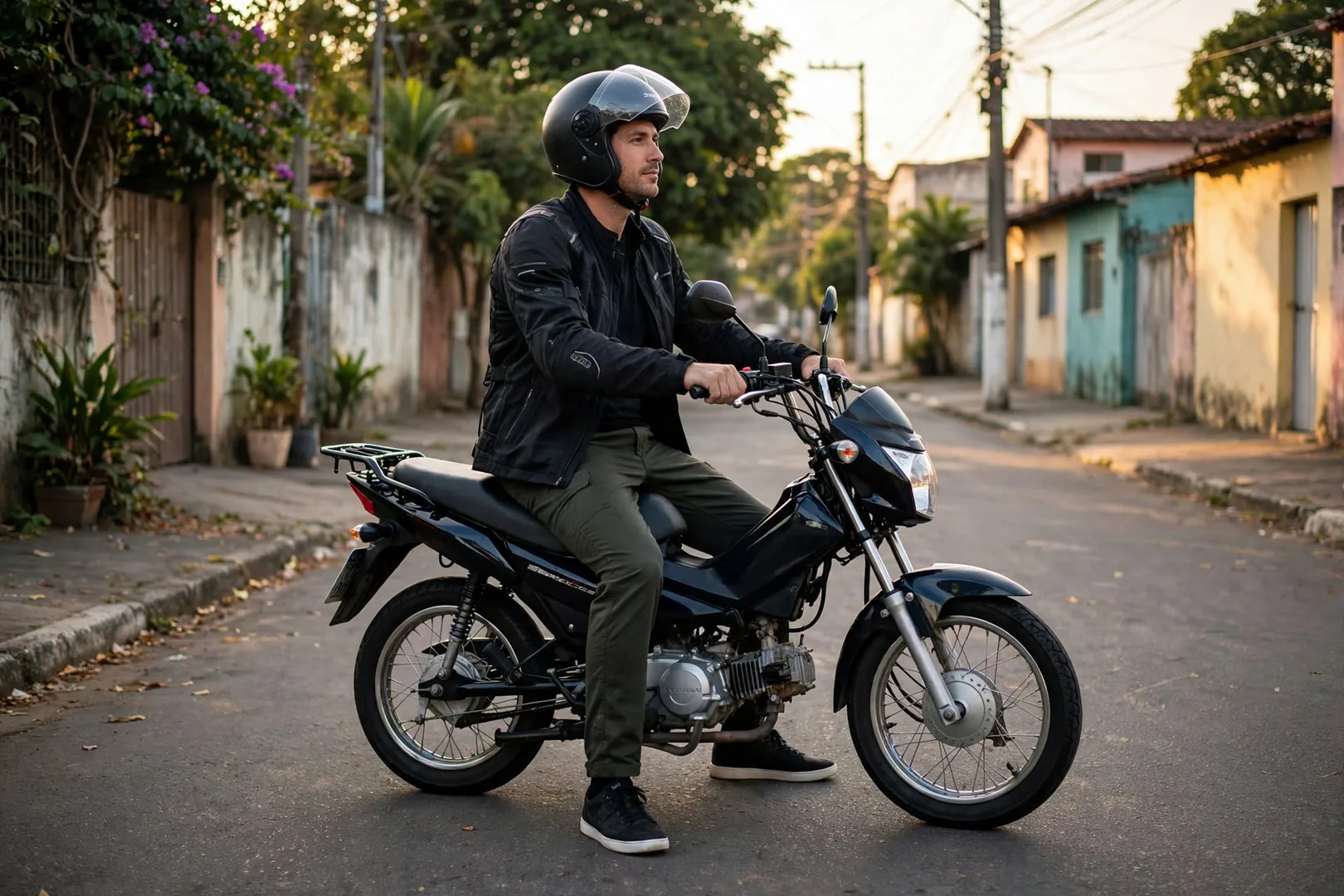 Piloto iniciante sentado em motocicleta urbana com os dois pés bem apoiados no chão