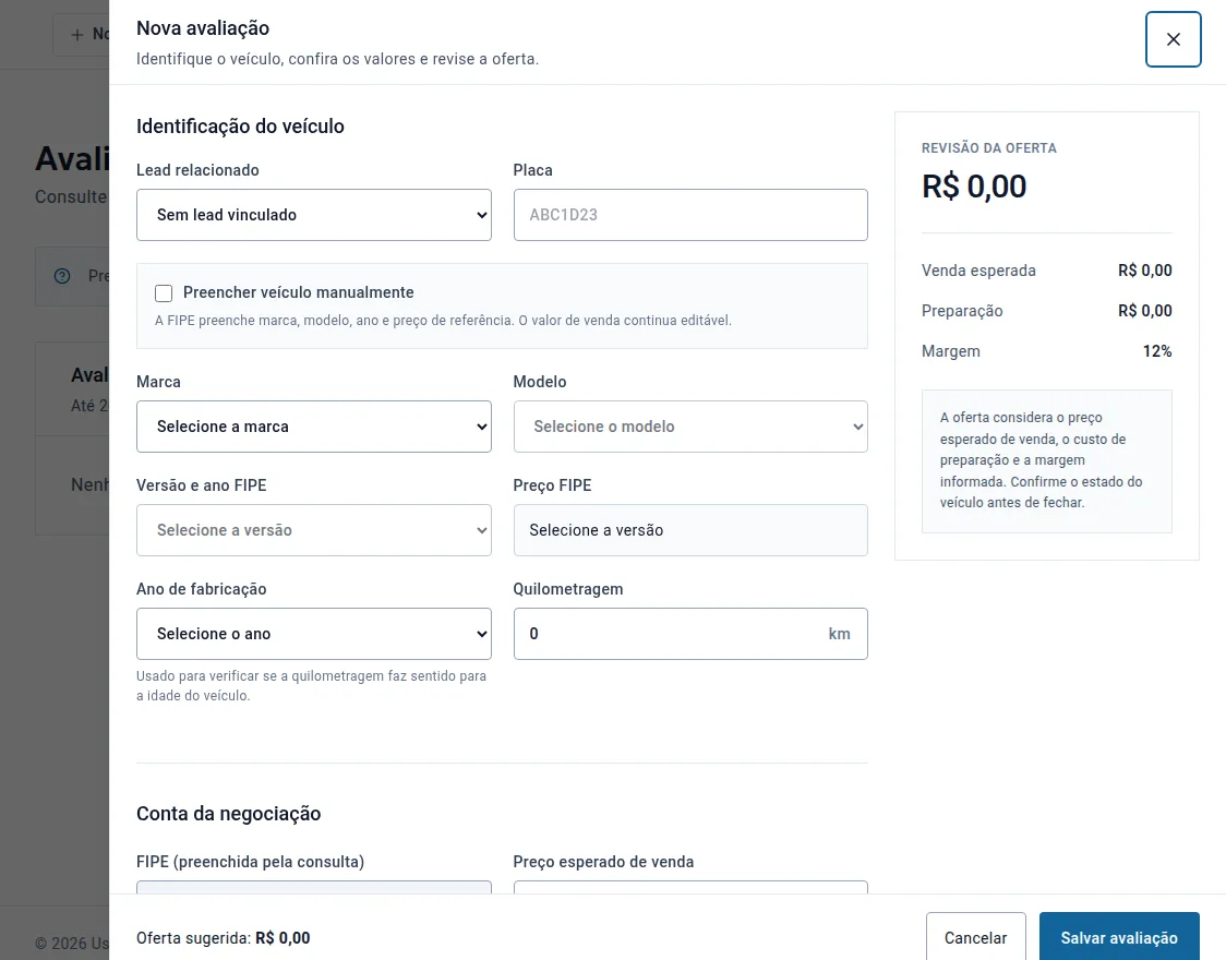 Janela Nova avaliação com identificação do veículo por placa, marca, modelo, versão FIPE e quilometragem