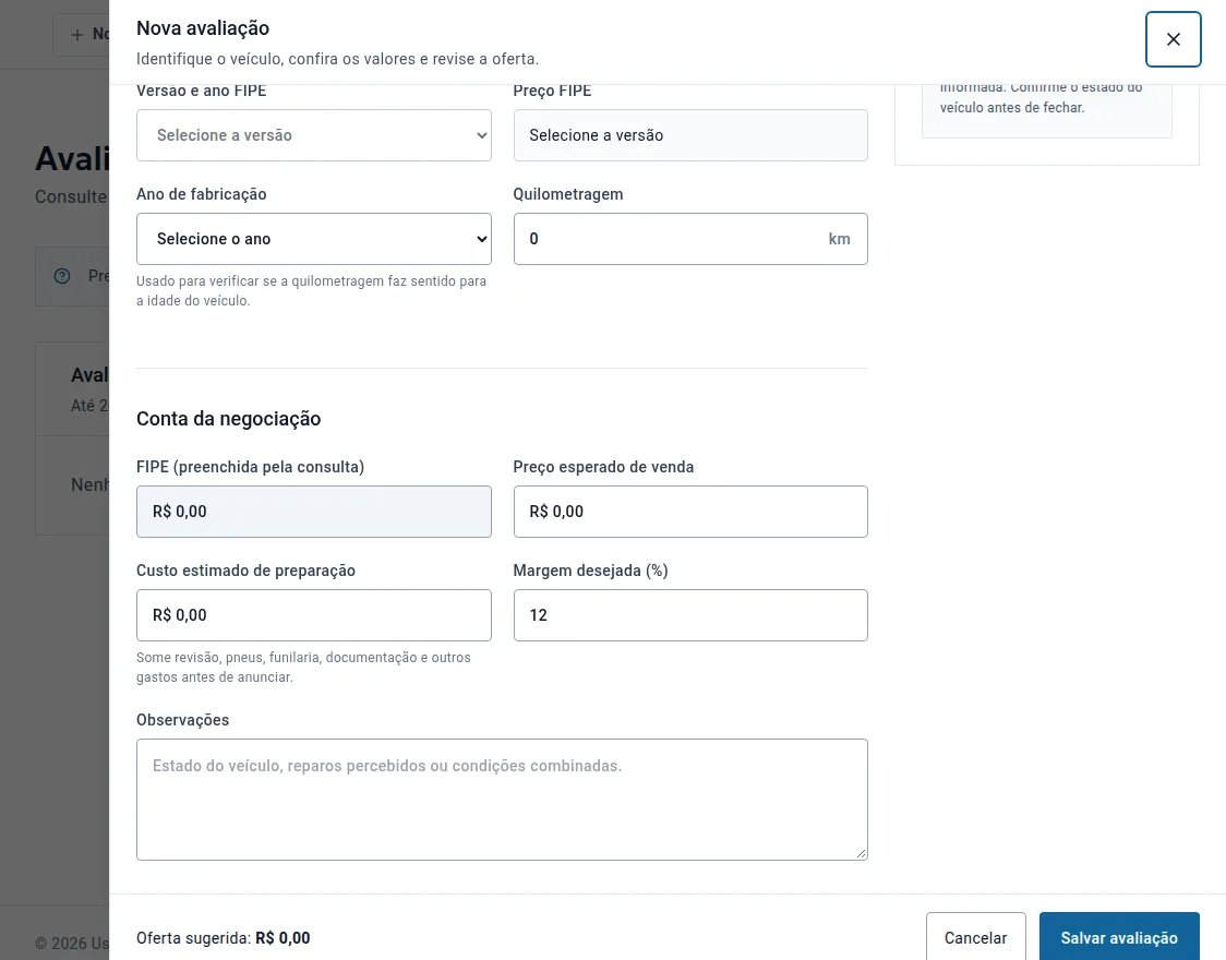 Conta da negociação na avaliação com preço esperado de venda, custo de preparação, margem desejada e oferta sugerida
