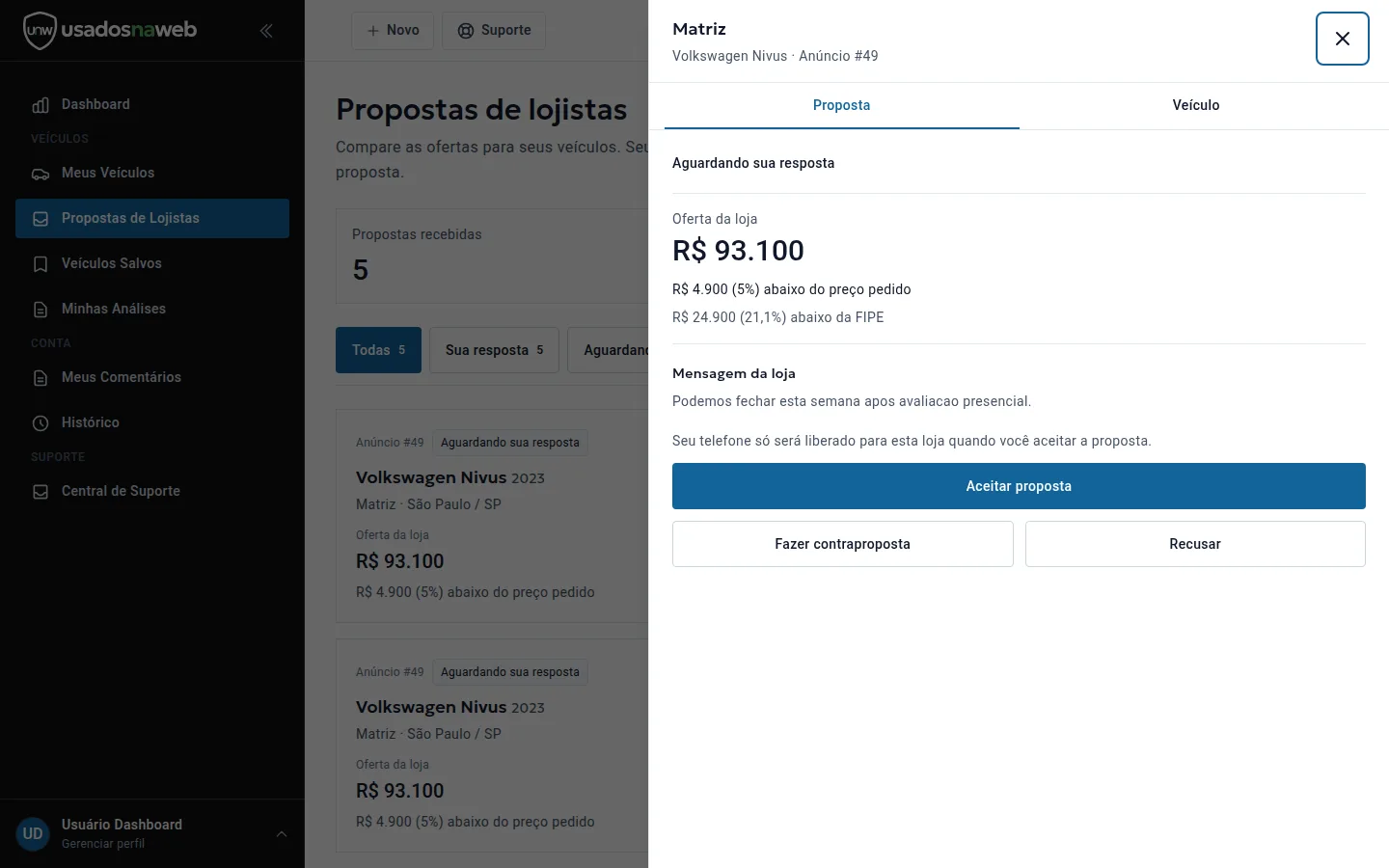 Painel lateral de avaliação de proposta com oferta da loja, comparação com preço pedido e FIPE e botões de resposta