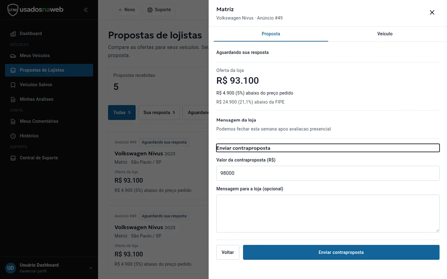 Formulário de contraproposta com campo de valor e mensagem opcional para a loja