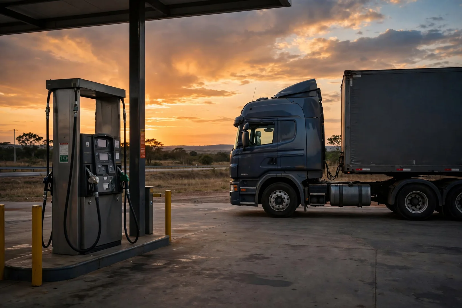 Caminhão truck seminovo abastecendo com diesel em posto de rodovia ao entardecer