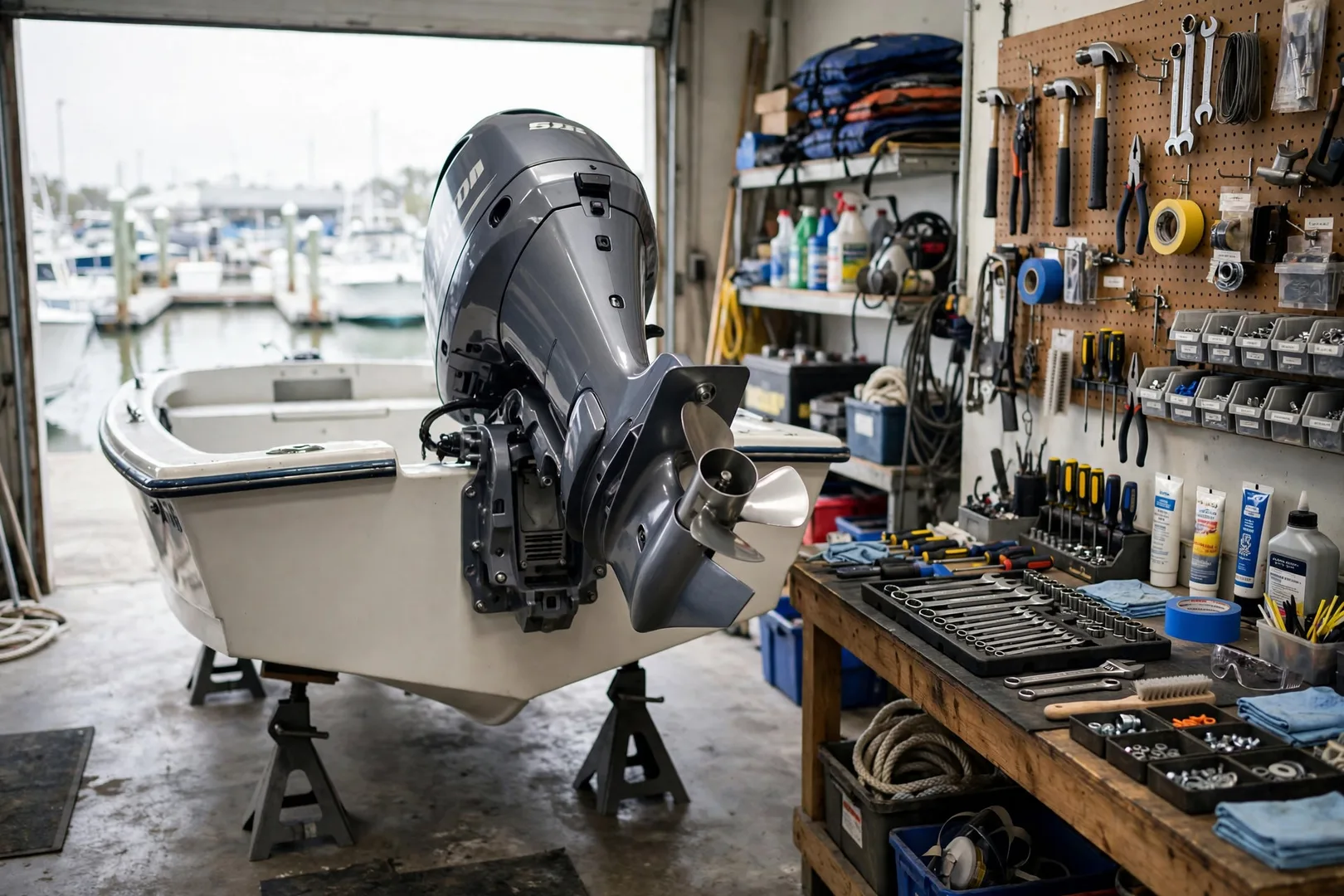 Mecânico náutico revisando motor de popa de lancha em oficina de marina