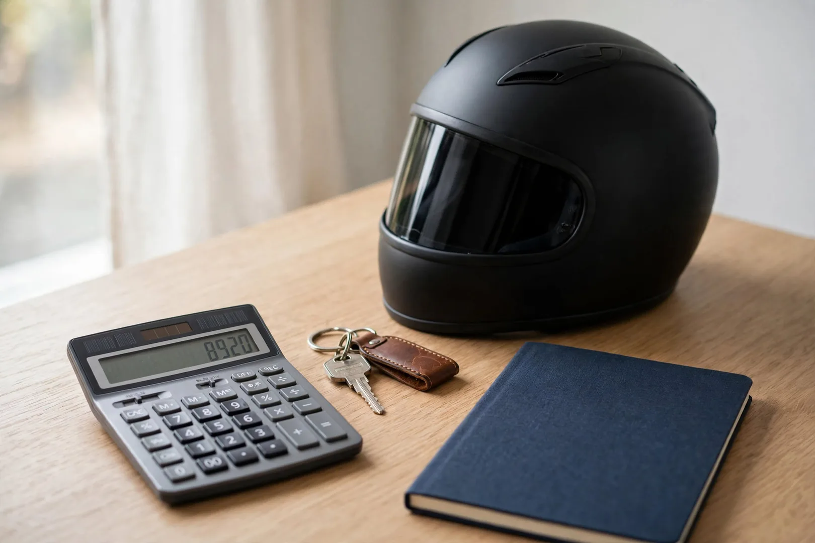 Mesa com calculadora, chave da motocicleta, capacete e boletos organizados para o cálculo do custo mensal