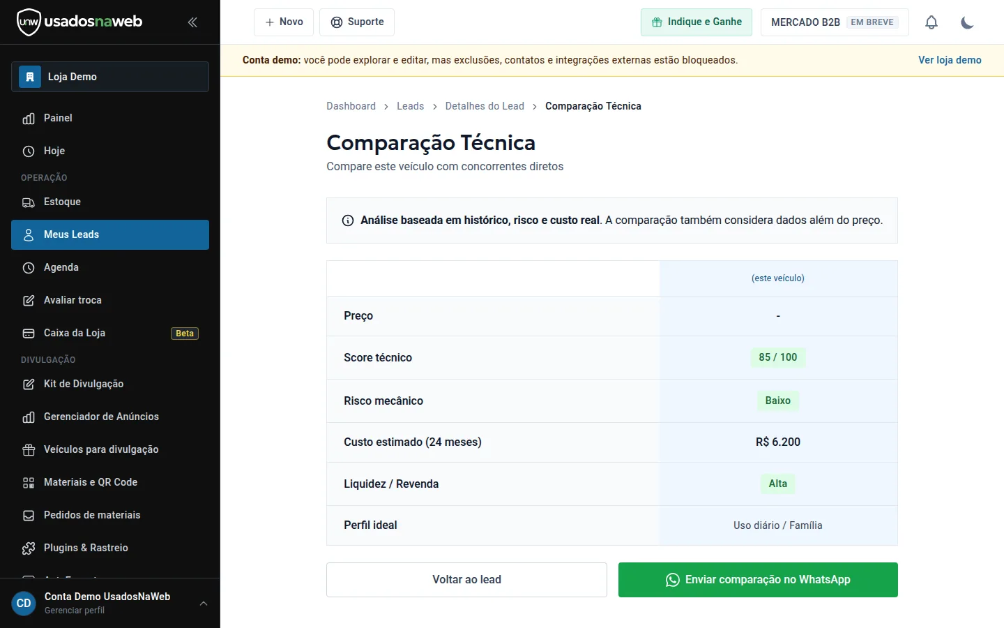 Tabela de comparação técnica do veículo com concorrentes diretos
