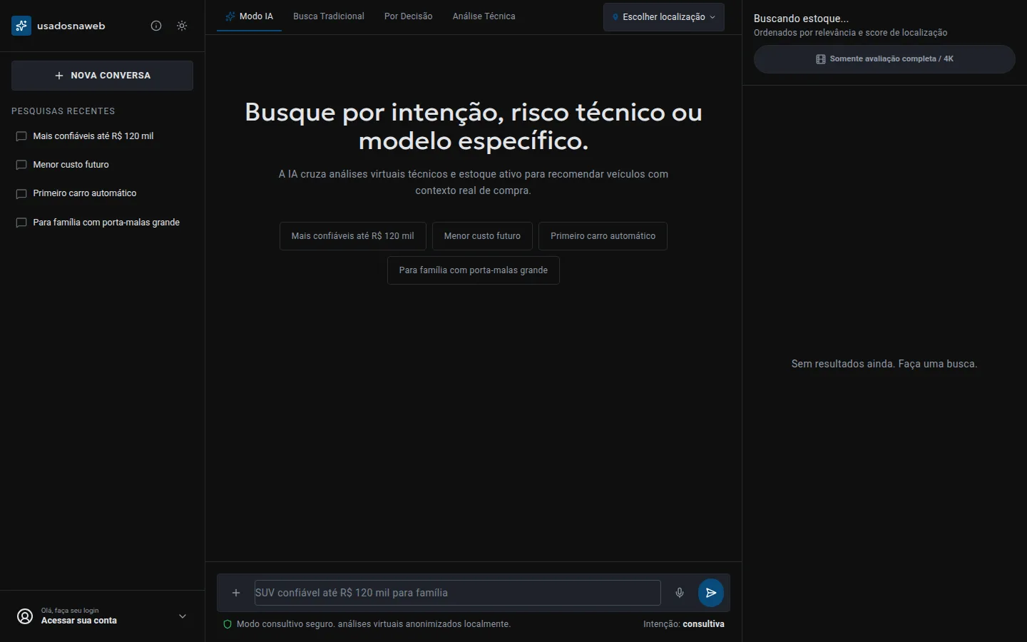 Tela da busca com IA com campo de texto livre e resultados recomendados