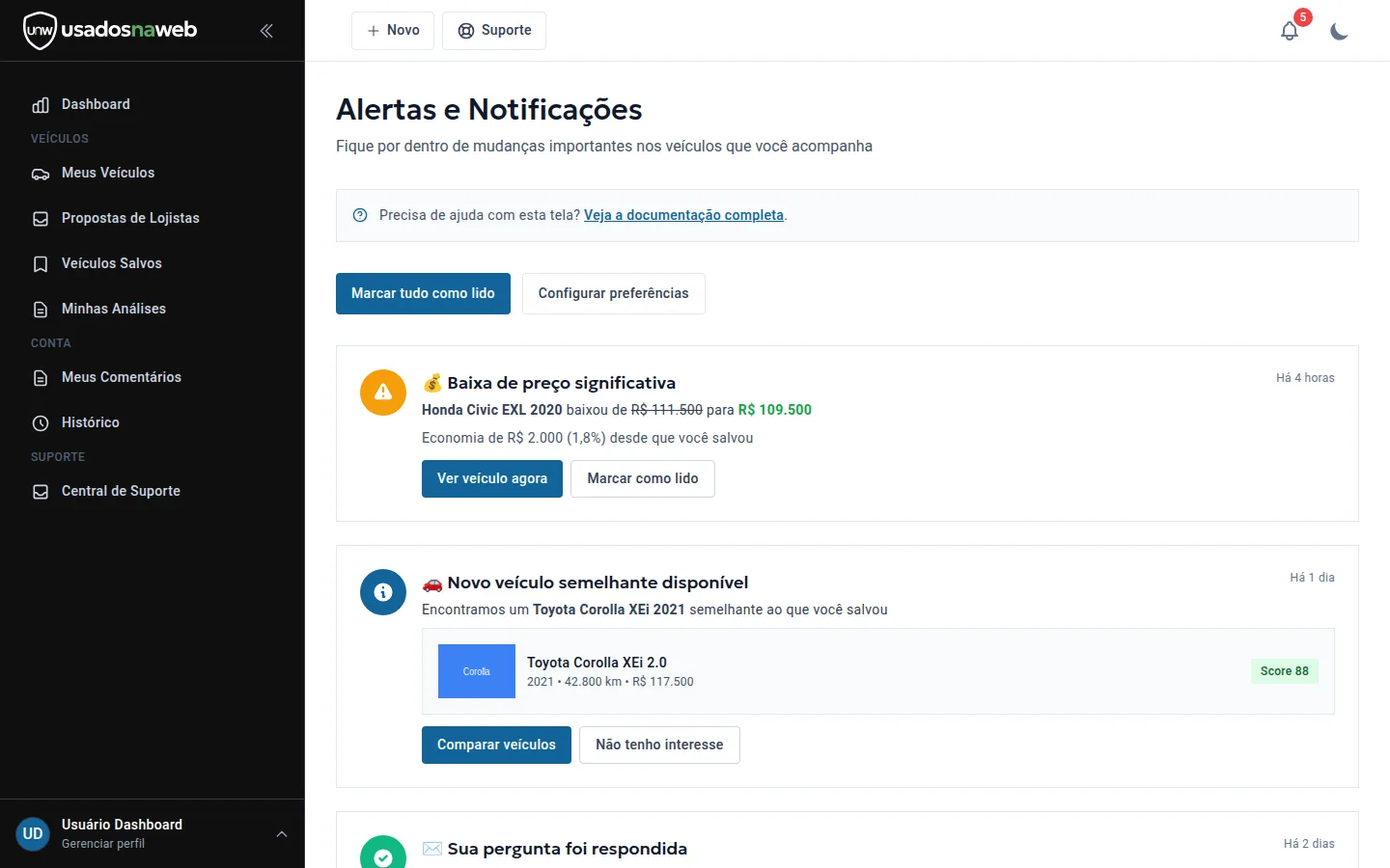 Tela de alertas com aviso de baixa de preço significativa e economia calculada