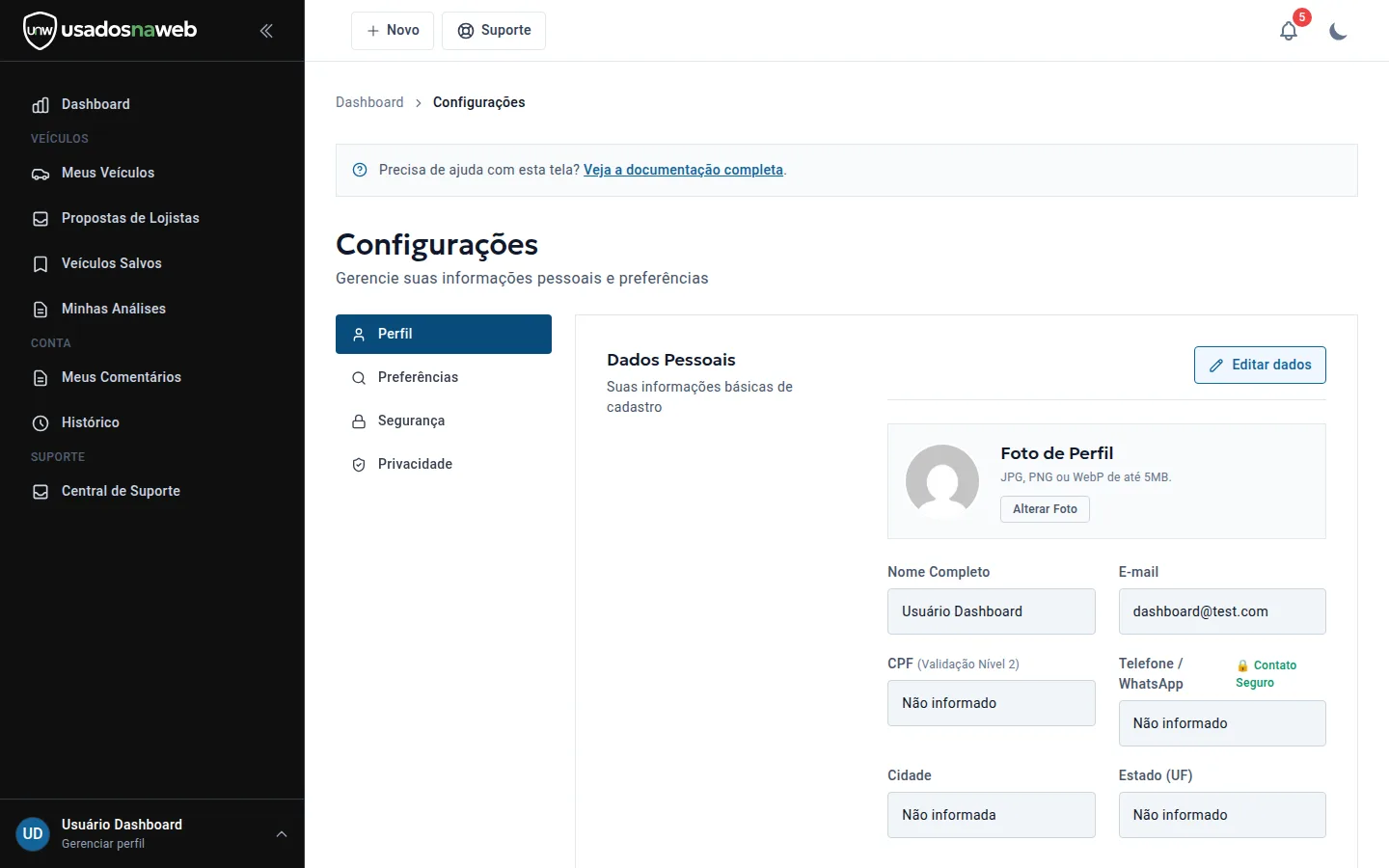 Tela de configurações do perfil com dados pessoais e preferências da conta