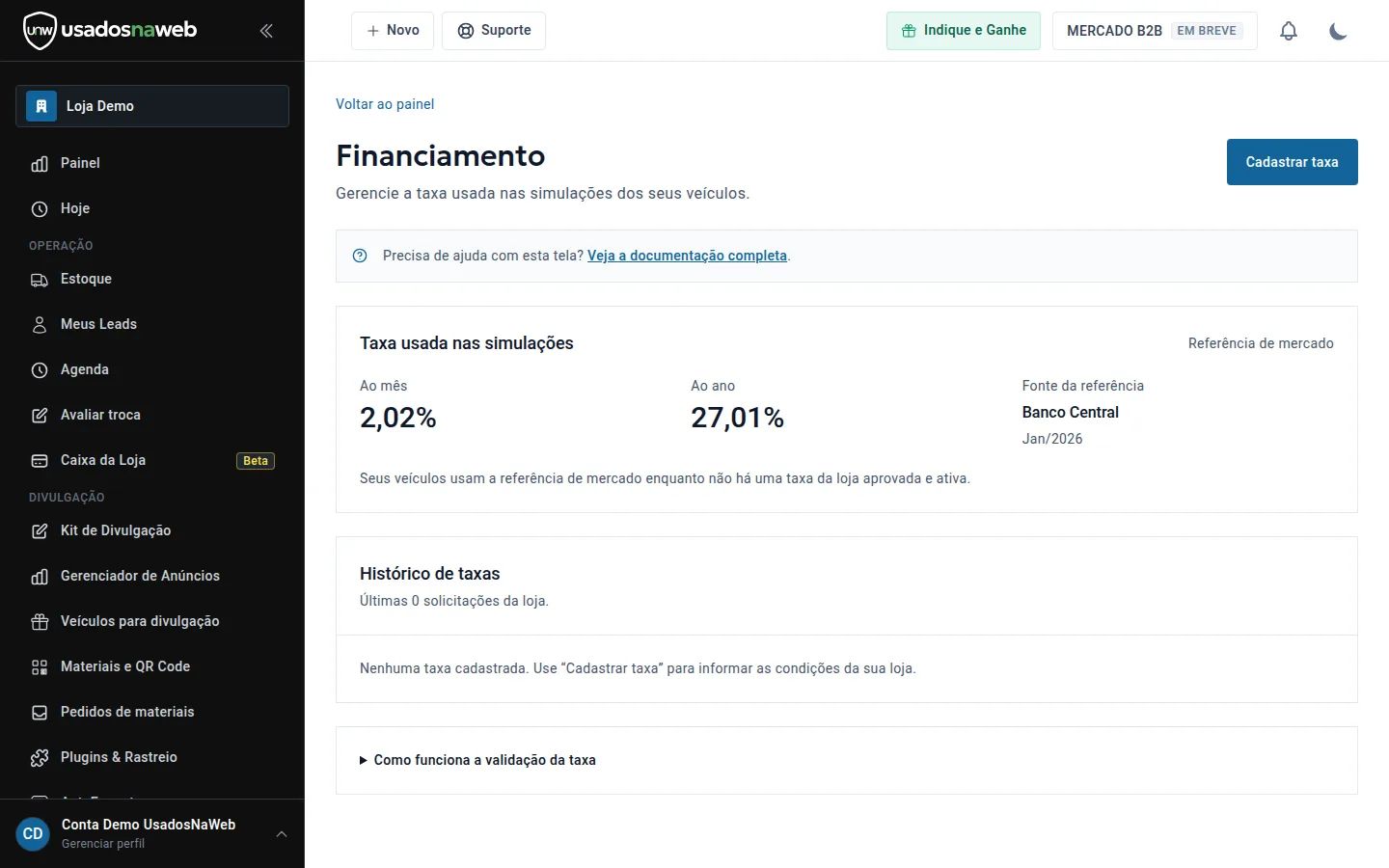 Tela de financiamento da loja com simulações recebidas dos anúncios