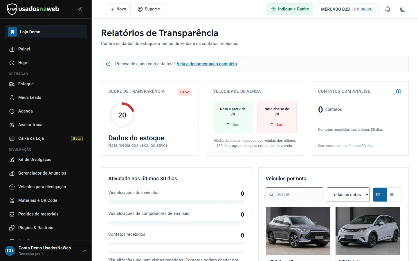 Tela de relatórios com indicadores de vendas e estoque por período