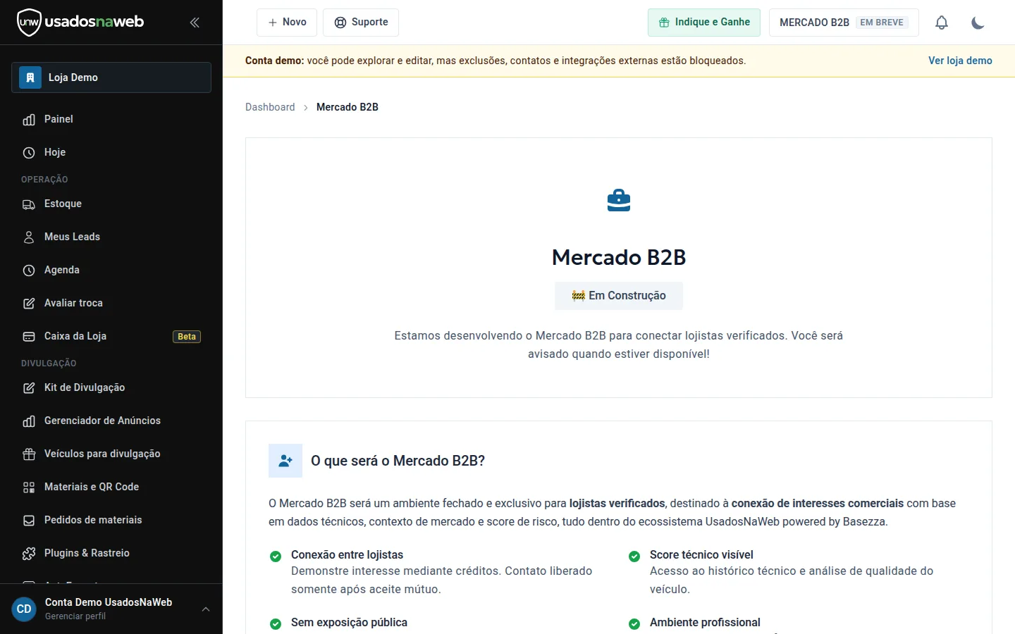 Tela do Mercado B2B em construção com a proposta do ambiente entre lojistas