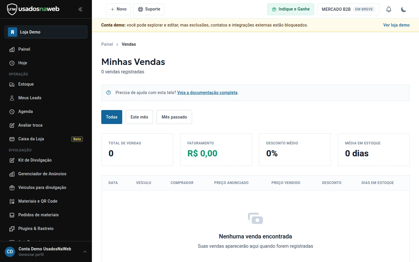 Tela Minhas Vendas com total de vendas, faturamento, desconto médio e média em estoque