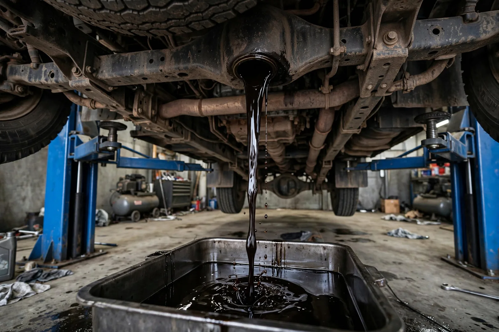 Mecânico drenando o óleo escuro do motor diesel de caminhão elevado em oficina