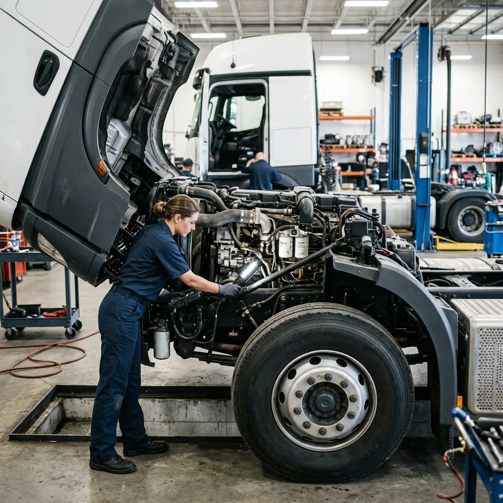 Inspeção mecânica detalhada em motor diesel de caminhão pesado em oficina especializada