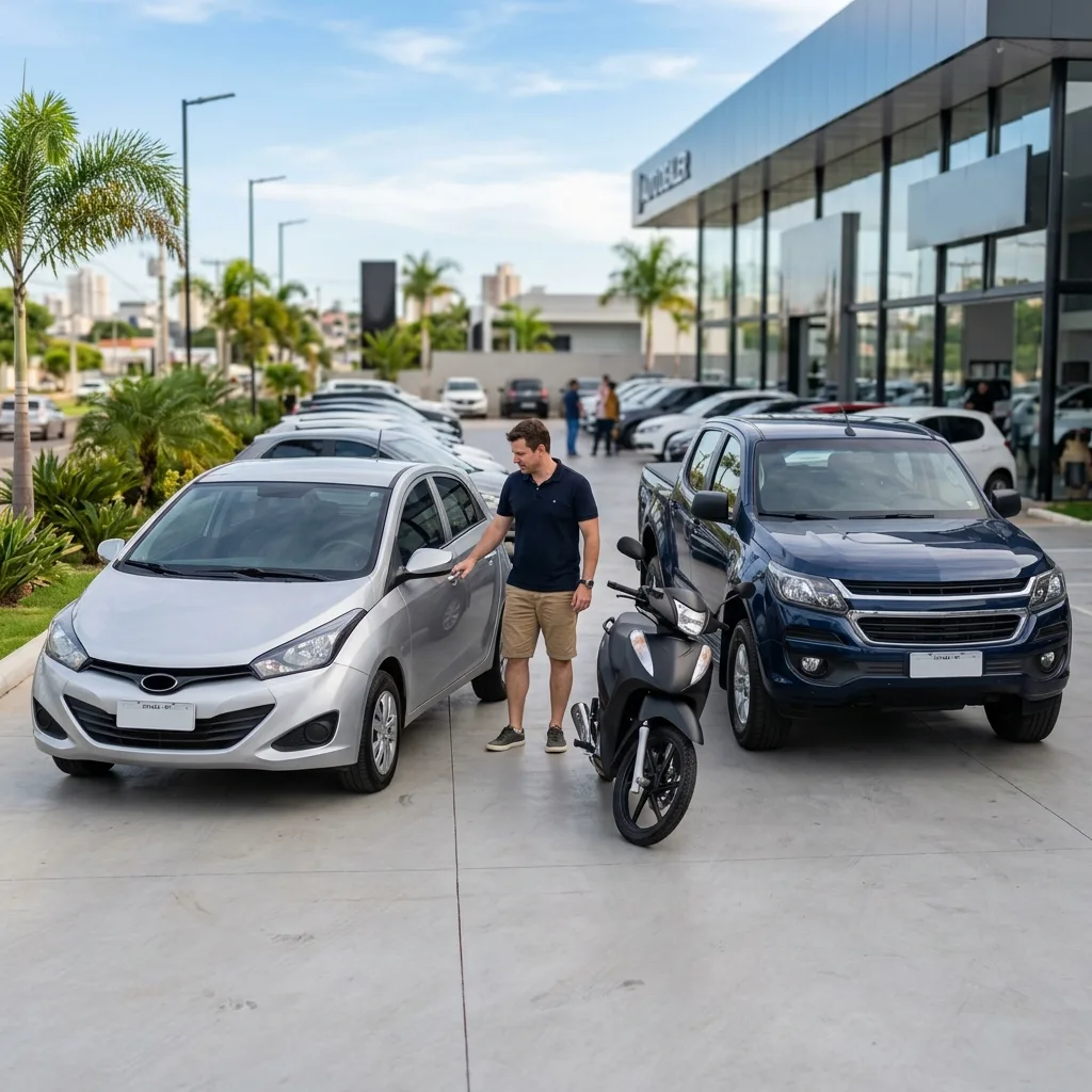 Comparação visual entre carros, motos e picapes usadas em revenda de Cuiabá
