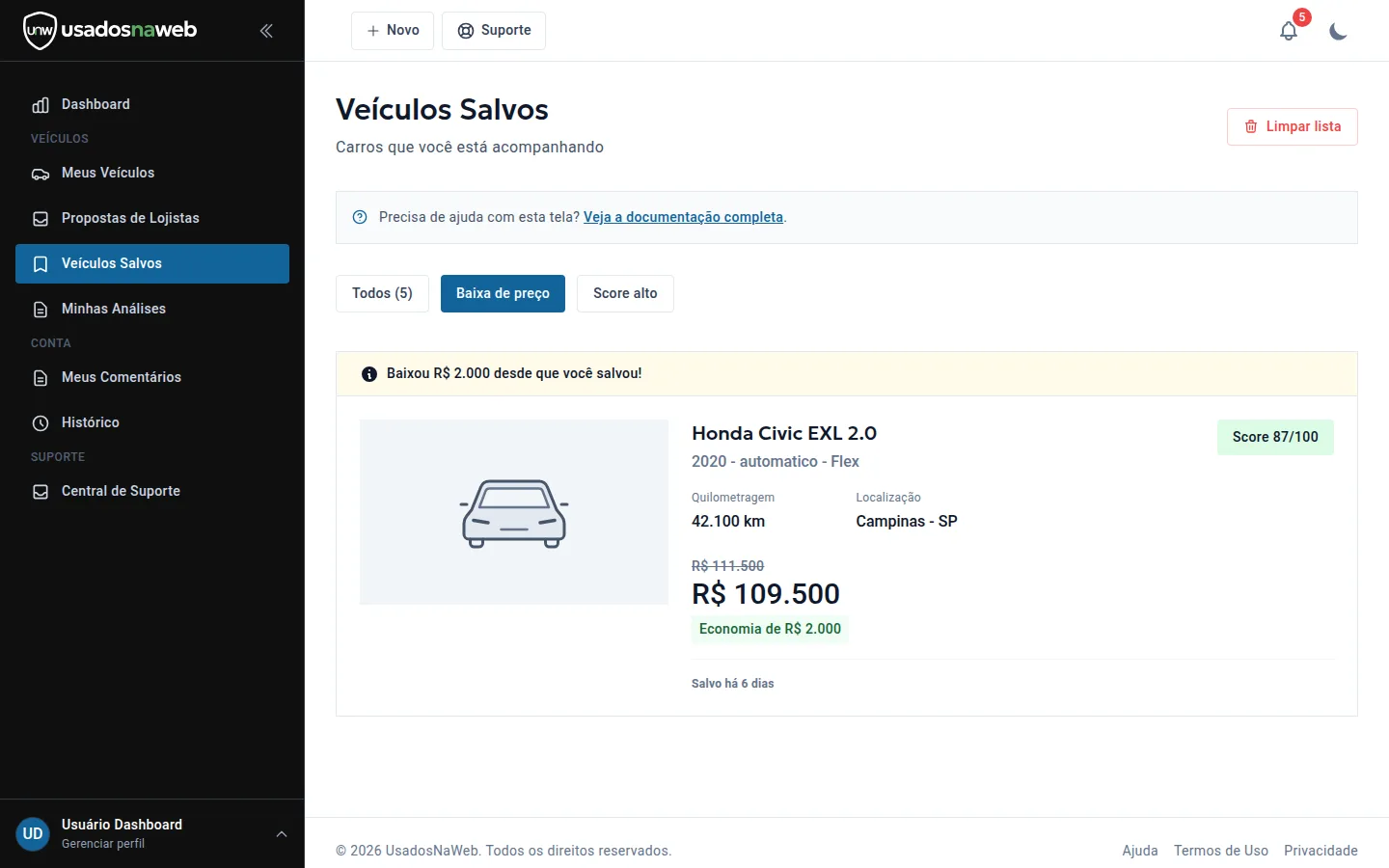 Lista de veículos salvos filtrada por baixa de preço com destaque da economia desde que o carro foi salvo