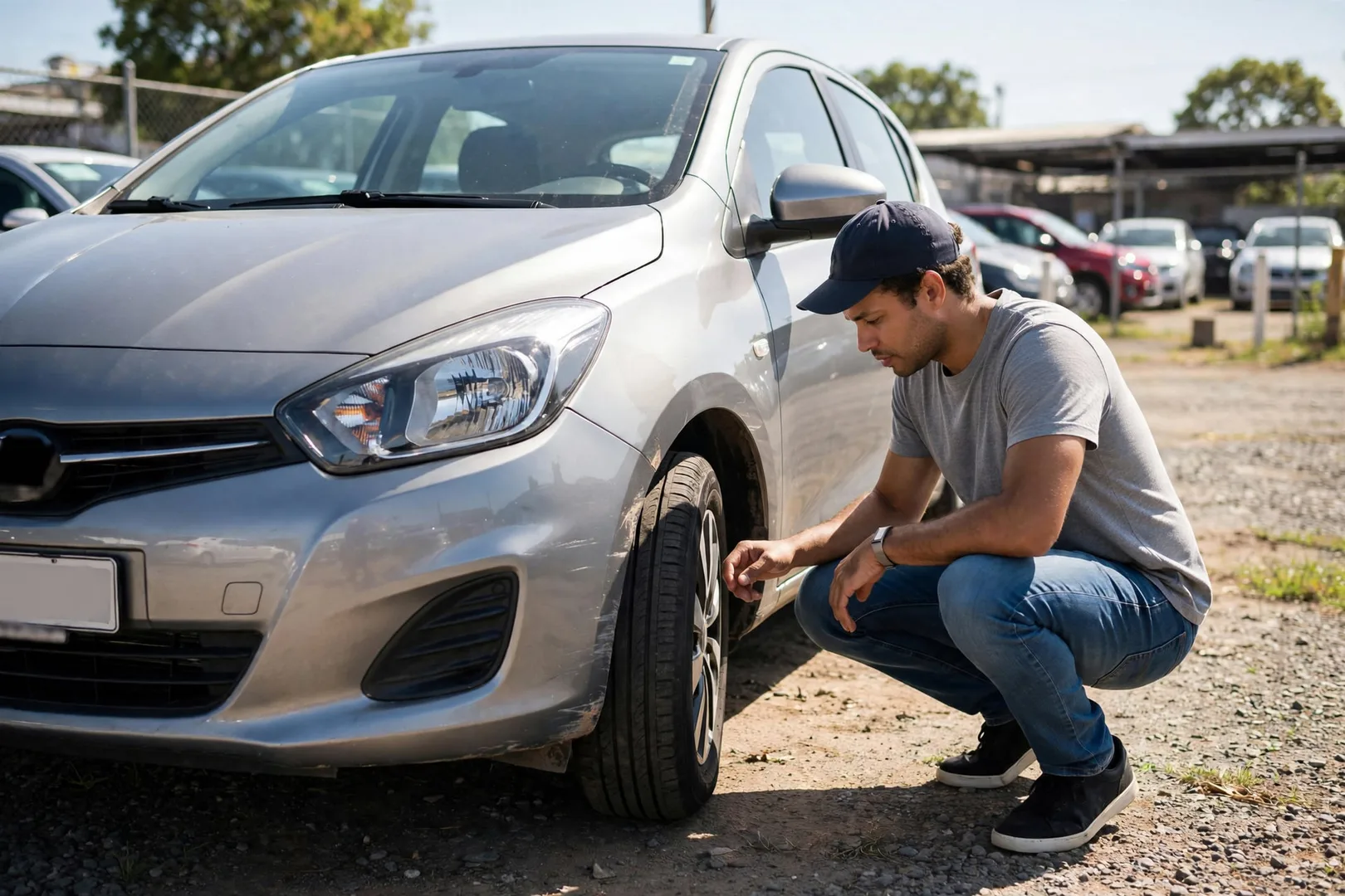 Comprador agachado examinando o pneu e a lateral de um hatch seminovo no pátio
